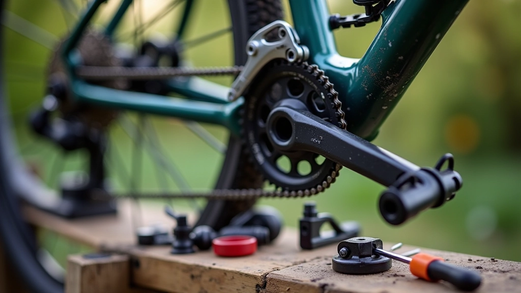 Close-up of bicycle components including gears, chain, and brakes on outdoor workbench with maintenance tools