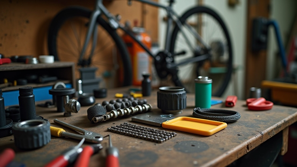 Bicycle maintenance workbench with tools, chain lubricant, cleaning supplies, bike maintenance setup