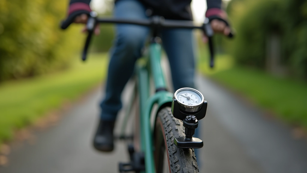 Close-up of bicycle tire pressure gauge showing correct PSI reading for towpath cycling