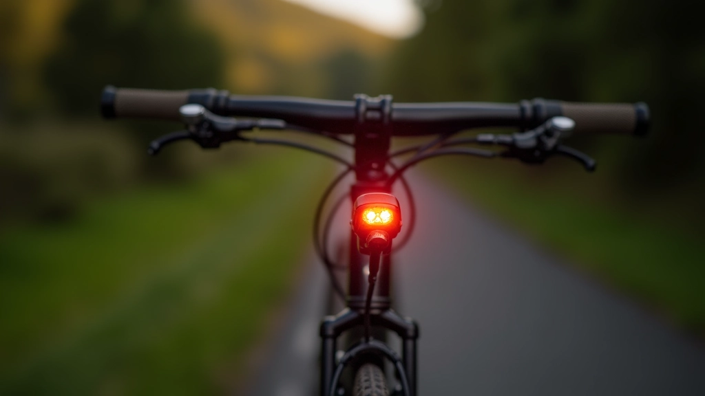Close-up of bicycle with LED front and rear lights mounted, clear visibility demonstration, daylight setting, sharp detail of safety equipment