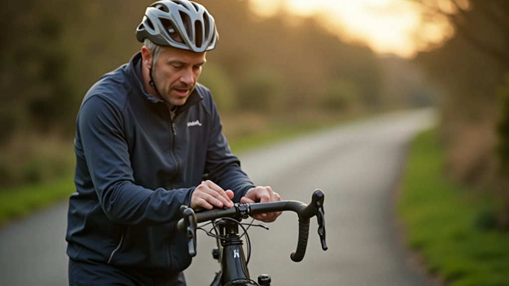 Cyclist preparing bicycle with maintenance tools before a ride on the towpath