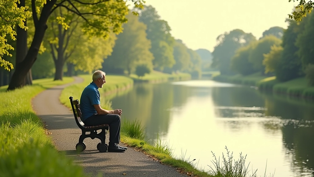 Cyclist taking a break by the canal, sitting on a bench near water, peaceful countryside setting, clear sky, relaxed cycling day