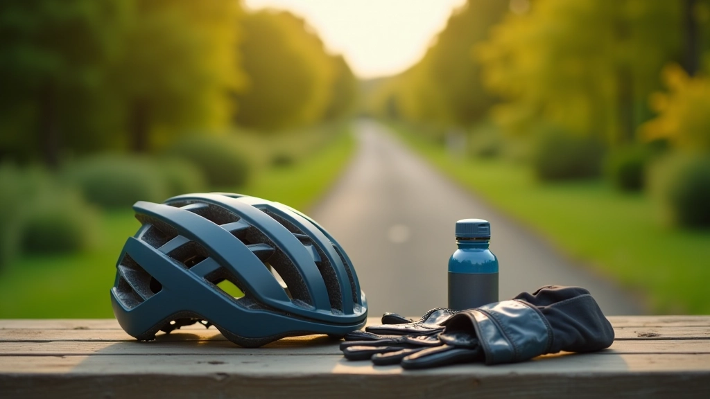 Cyclist's bike helmet, water bottle, and cycling gloves laid out on outdoor table with towpath visible in soft focus background