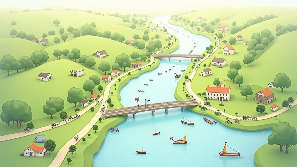Detailed map of canal route showing distance markers, bridges, and villages along the Barrow Way towpath