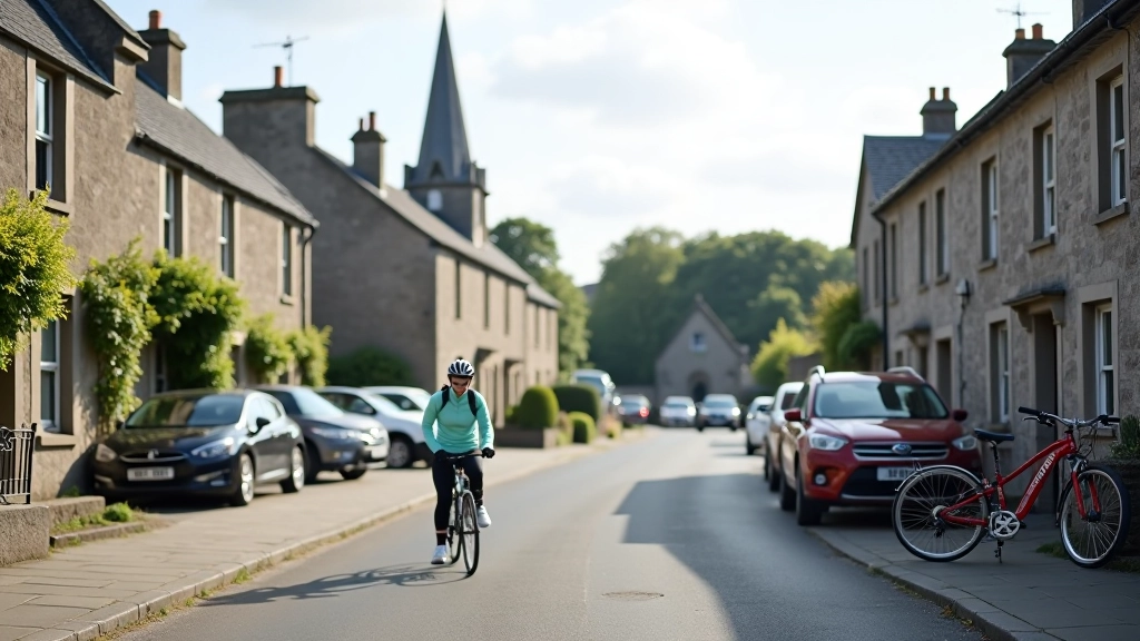 Graiguenamanagh town center with historic stone buildings, church spire in background, peaceful village square with parked cars and cyclists preparing bikes