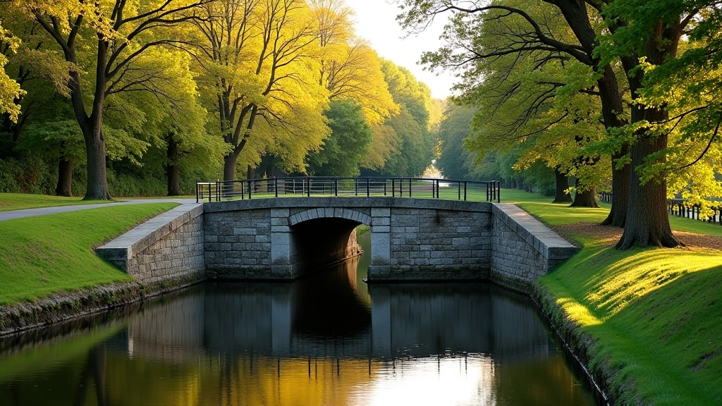 Historic lock gate structure on canal towpath, stone walls and water visible, trees reflected in still water, peaceful scenic cycling route