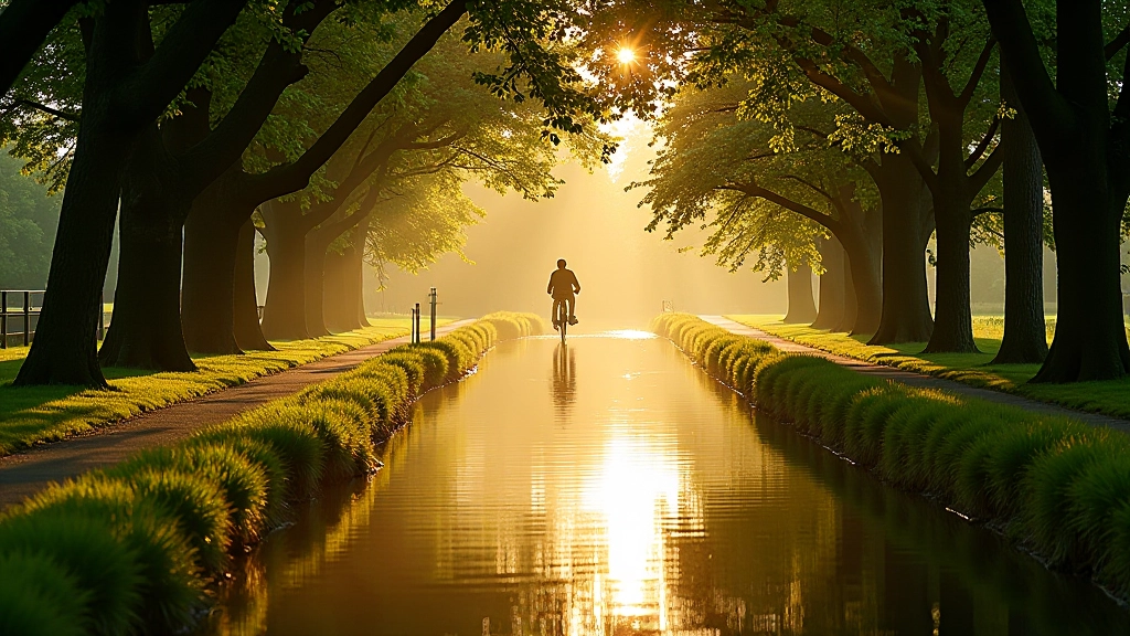 Peaceful canal view with cyclist silhouette in distance, water reflecting sky, overhanging trees creating natural archway over towpath, golden afternoon light