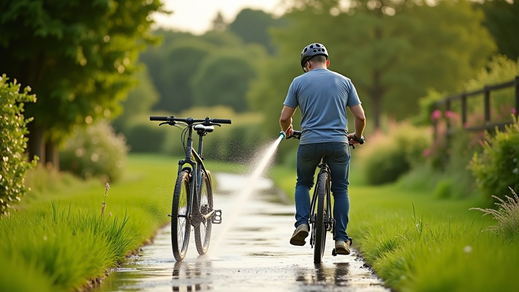 Person rinsing bicycle with garden hose in outdoor setting during bike maintenance