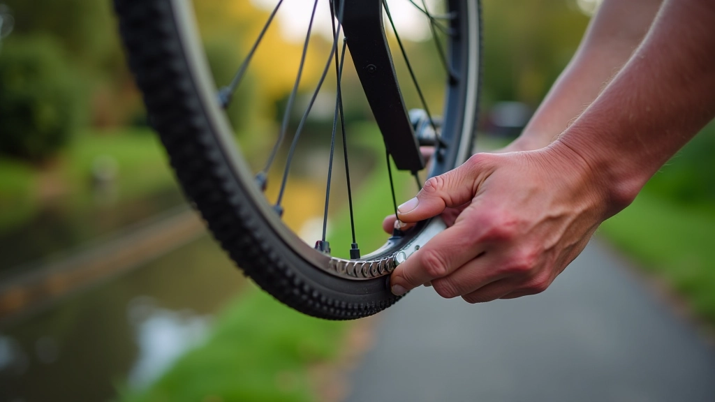 Hands applying chain lubricant to bicycle chain during maintenance on a cycling towpath