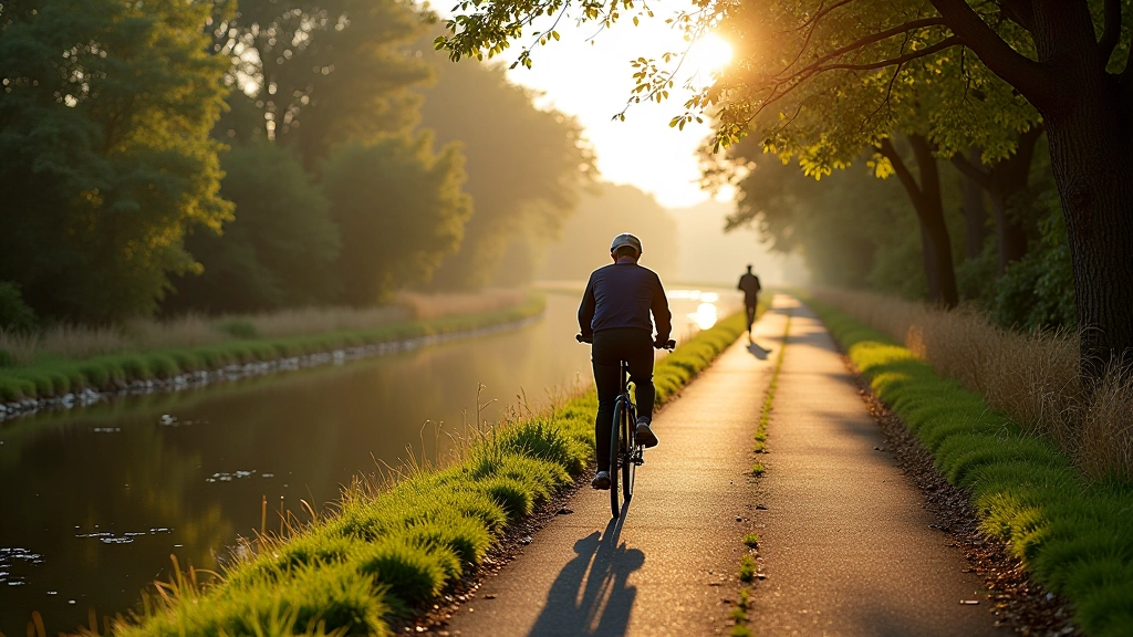 Peaceful canal towpath with water, trees, and cycling path stretching into distance