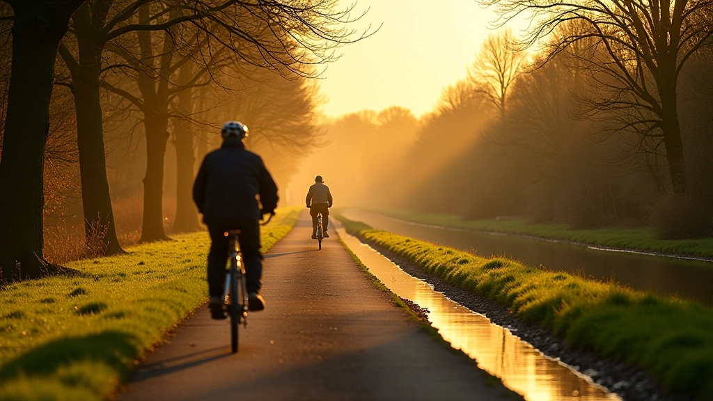 Scenic view of the restored Barrow Way canal towpath with cyclist riding on flat terrain