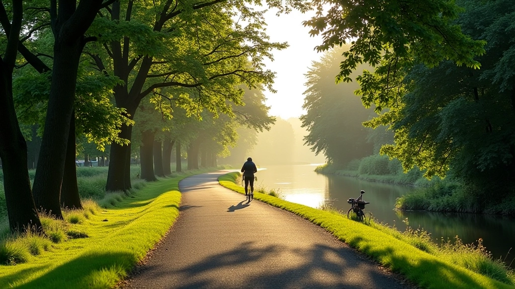 Serene towpath along the Barrow River, tree-lined canal path with clear water, morning light casting long shadows across the smooth tarmac surface