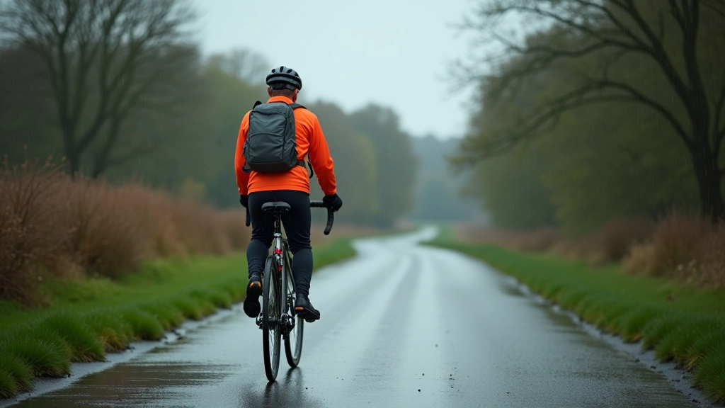 Towpath cyclist in rain gear, wet conditions, proper visibility clothing, overcast sky, realistic Irish weather scenario