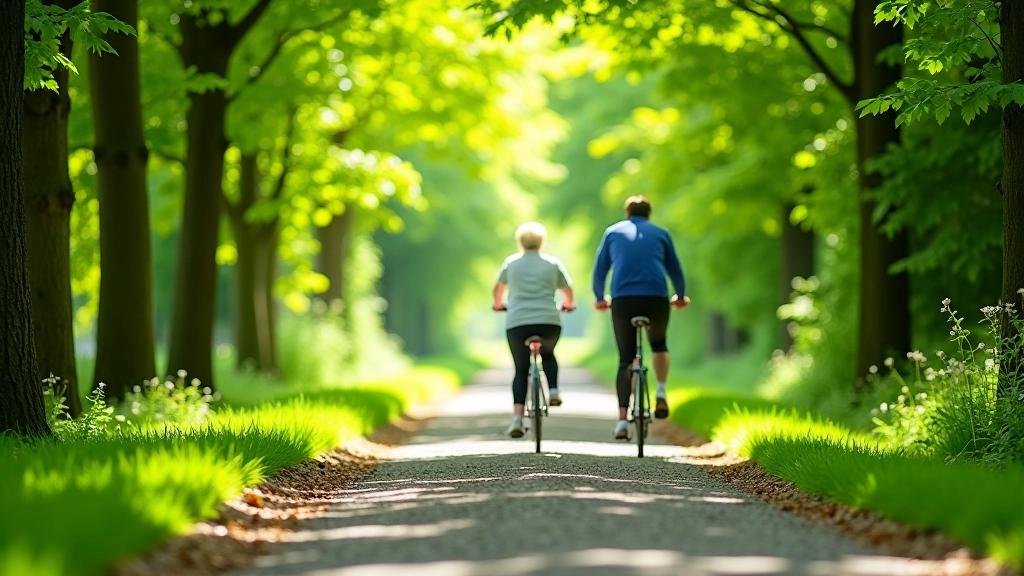 Woodland section of canal towpath with mature trees creating natural canopy overhead, dappled sunlight on gravel path, peaceful forest cycling environment