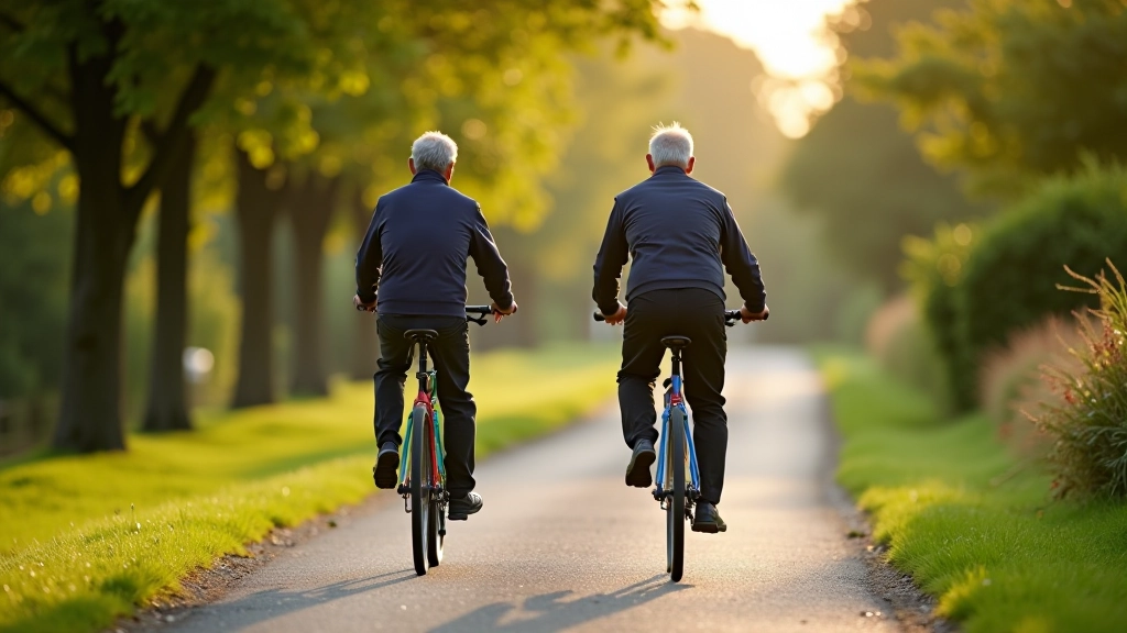 Two cyclists on towpath, one ringing bell while approaching pedestrians, friendly interaction, natural lighting, safe passing distance