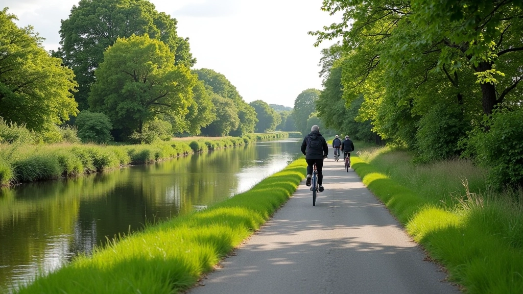 Wide view of towpath near water, clear sightlines ahead, walkers and cyclists at safe distances, natural spacing demonstration